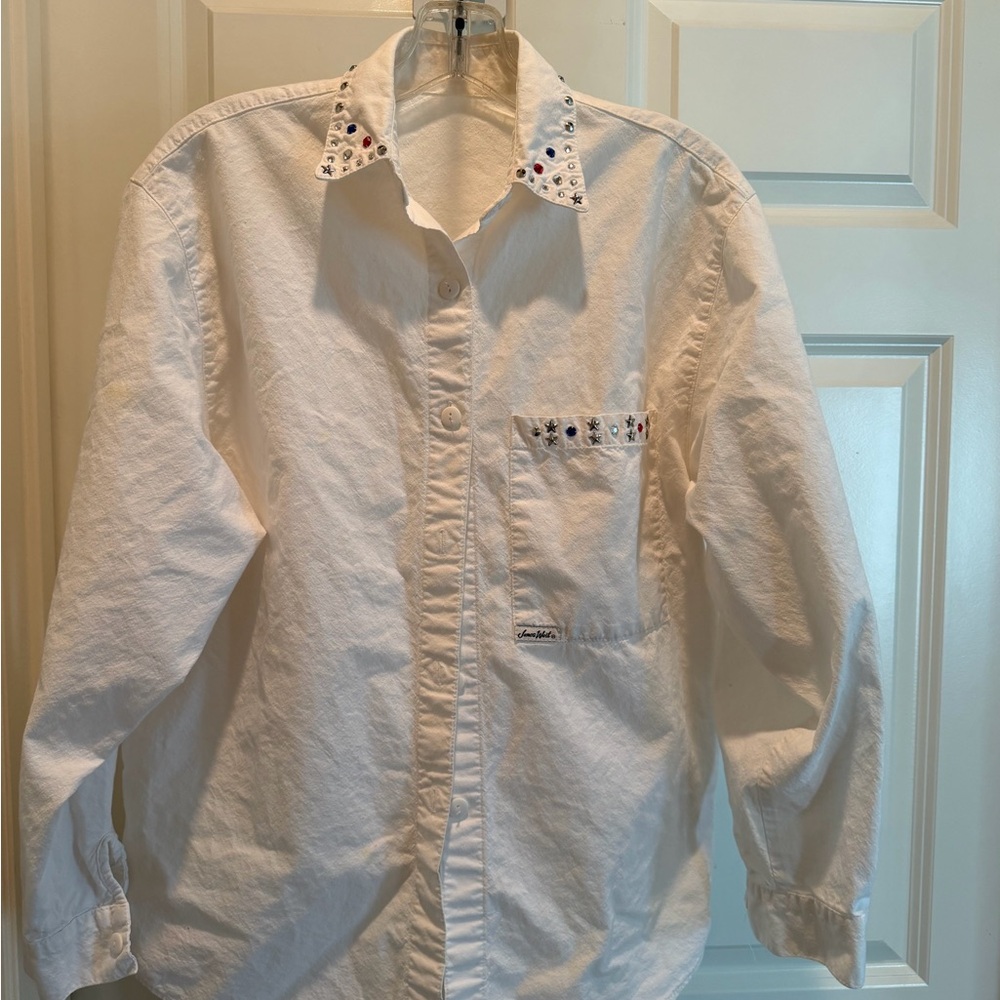 Vintage 1980s White Button-Up Shirt with Studded Collar